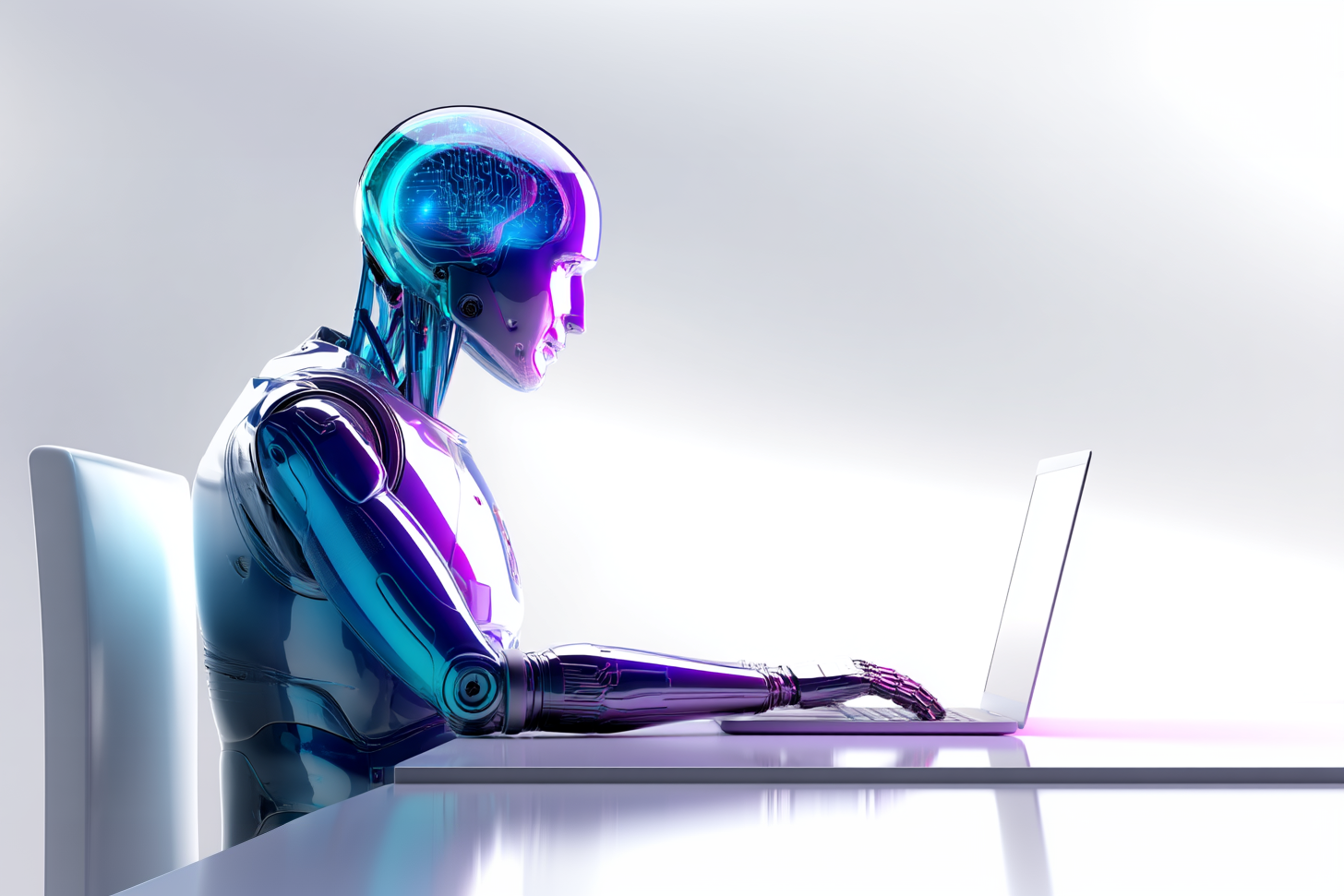 romeofab futuristic AI robot sitting at a desk with a laptop 594dcaed 2c1c 4ec2 a21c e631d939cc49 0